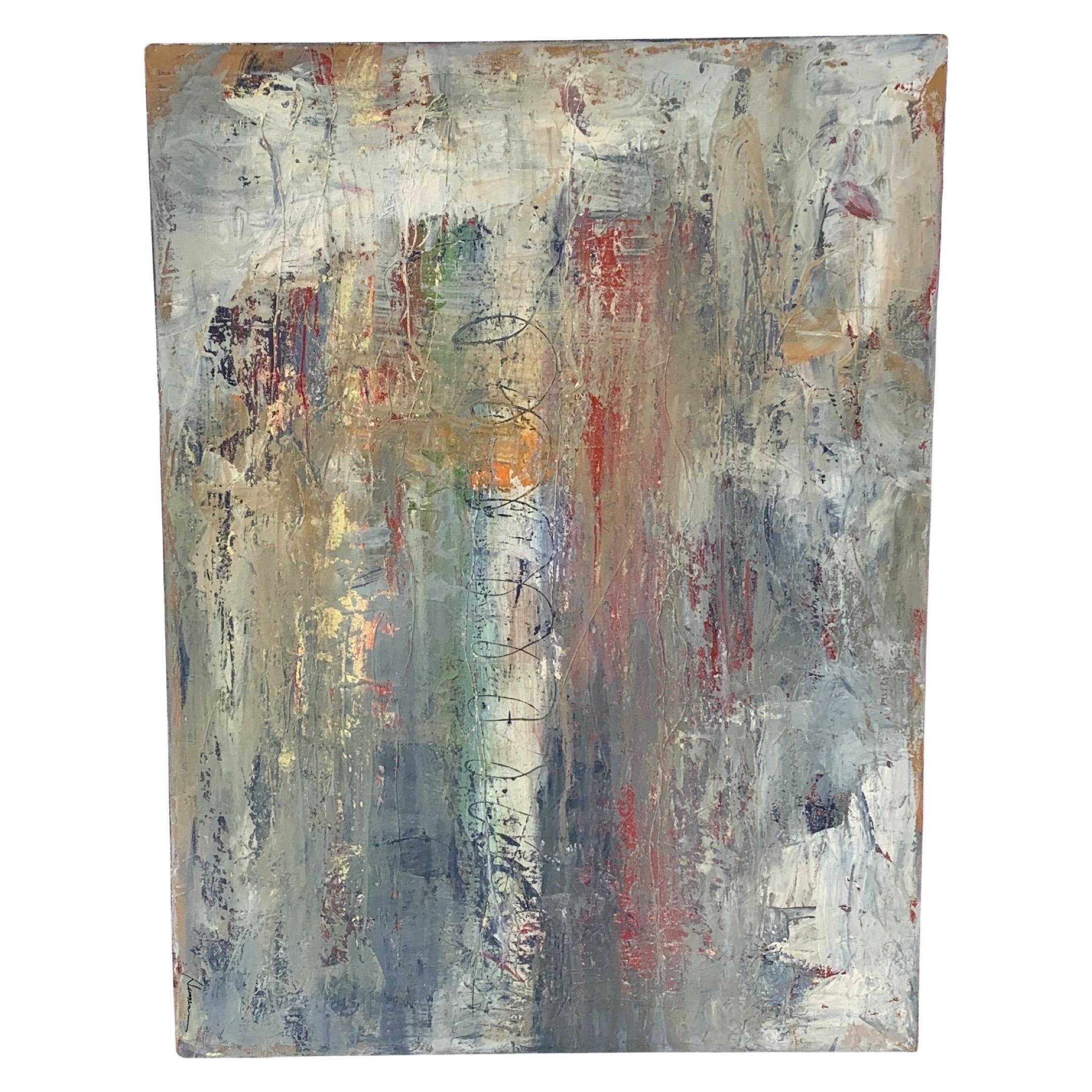 Modern Kathryn Henneman Original Abstract Painting with Neutral Color & Brights.  For Sale