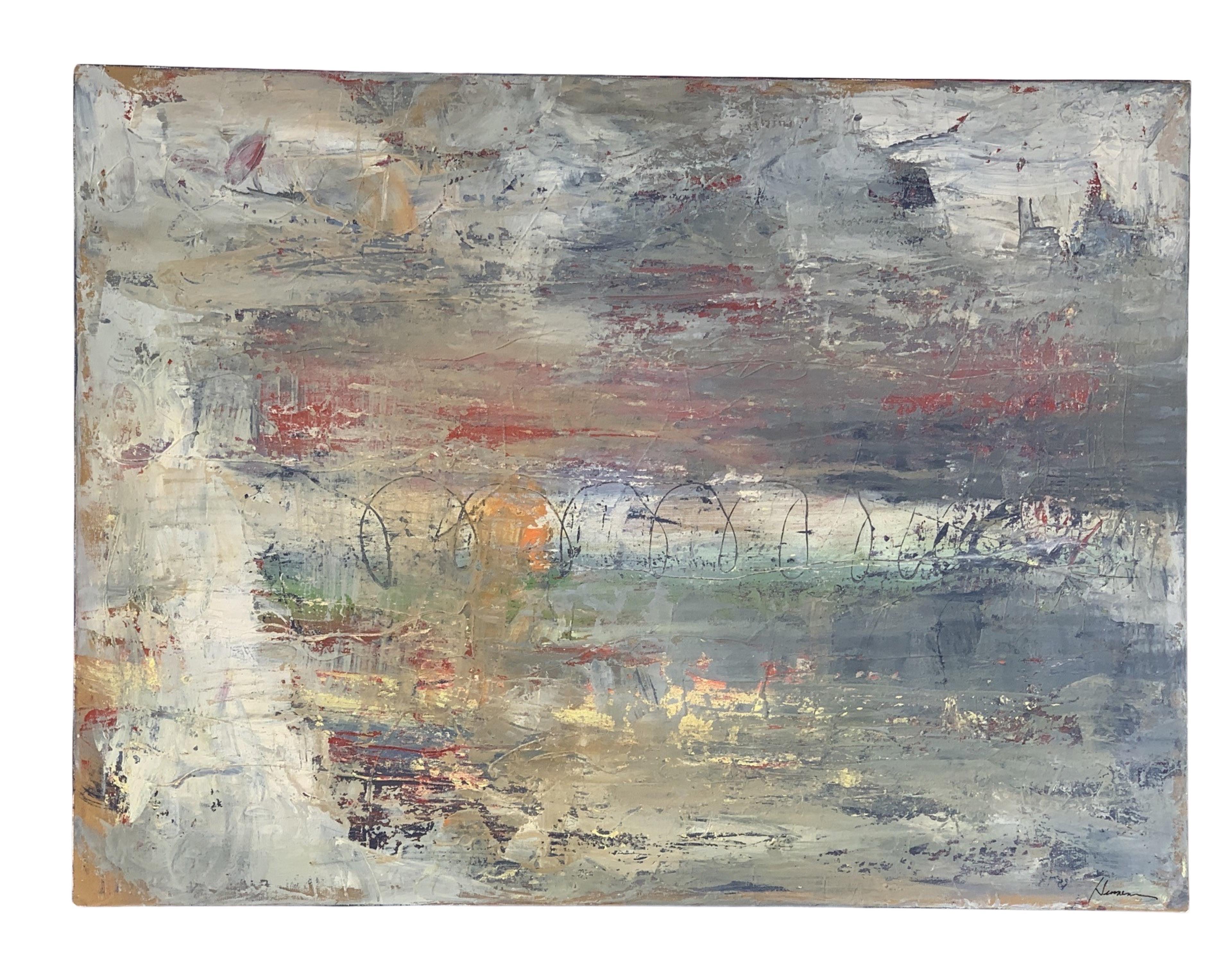 American Kathryn Henneman Original Abstract Painting with Neutral Color & Brights.  For Sale