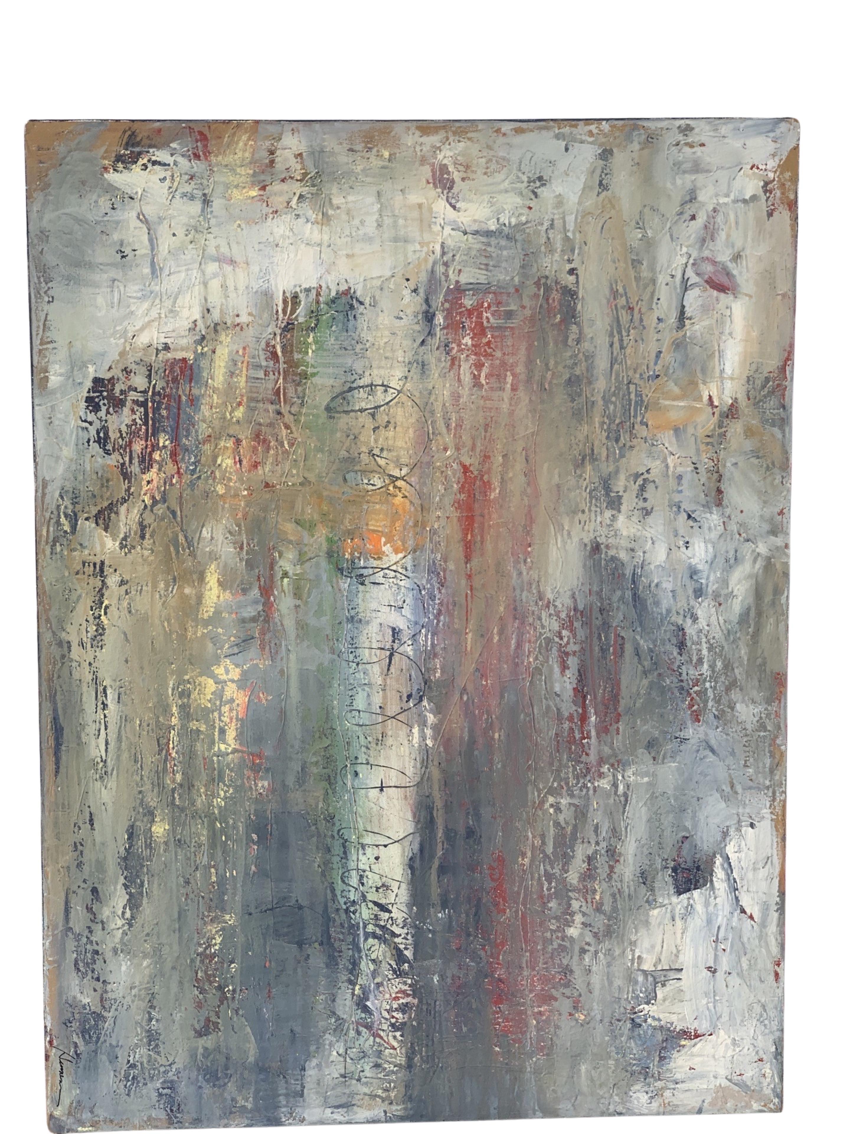 Kathryn Henneman Original Abstract Painting with Neutral Color & Brights.  For Sale 1
