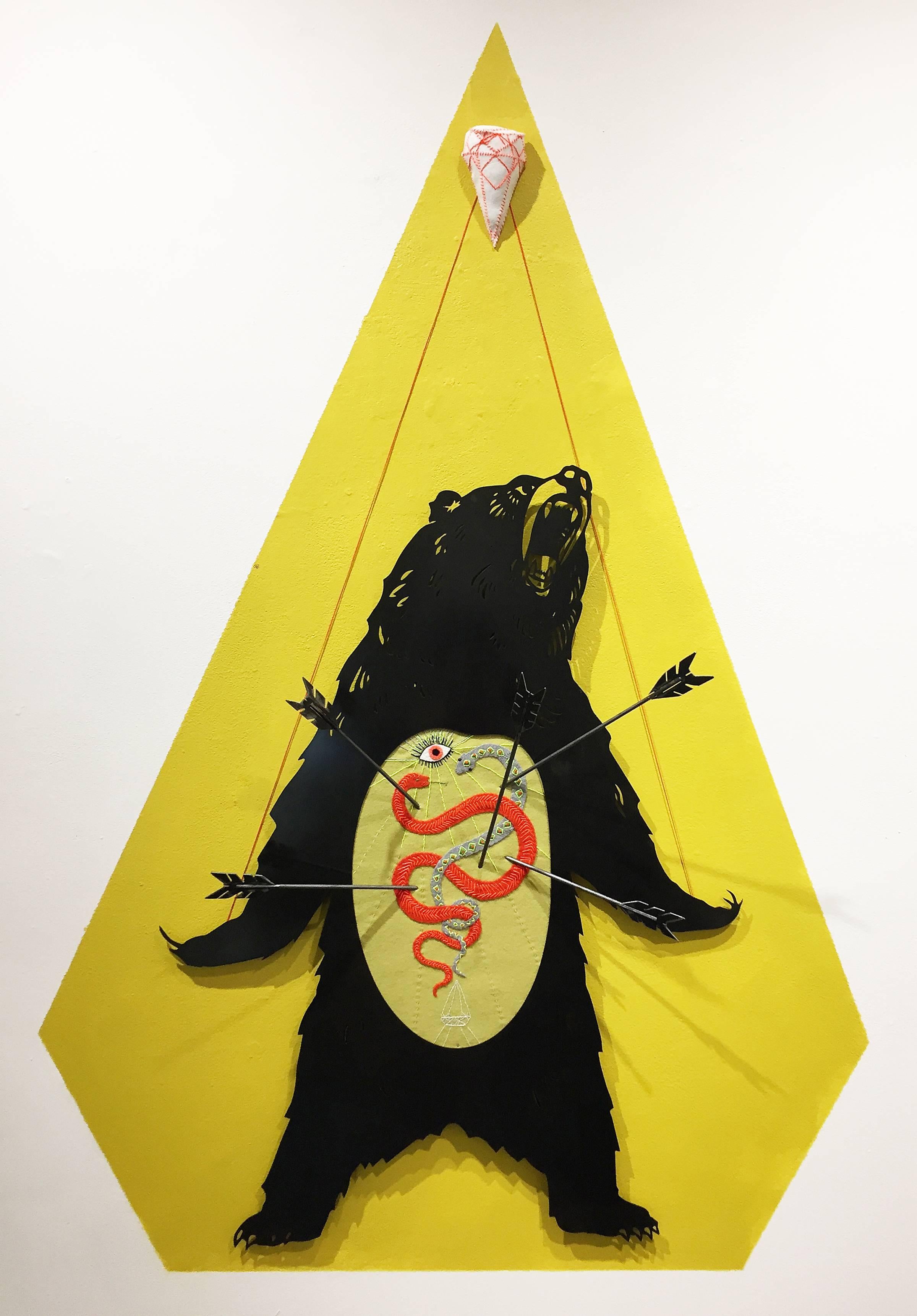 "Abduction 2" mixed media, metal, fiber, installation, bear, snake - Mixed Media Art by Kathryn Hunter