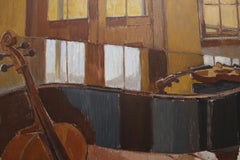 "Studio 4-13-19" oil paint of canvas, interior, piano, by Kathryn Keller