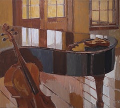 "Studio 4-13-19" oil paint of canvas, interior, piano, by Kathryn Keller