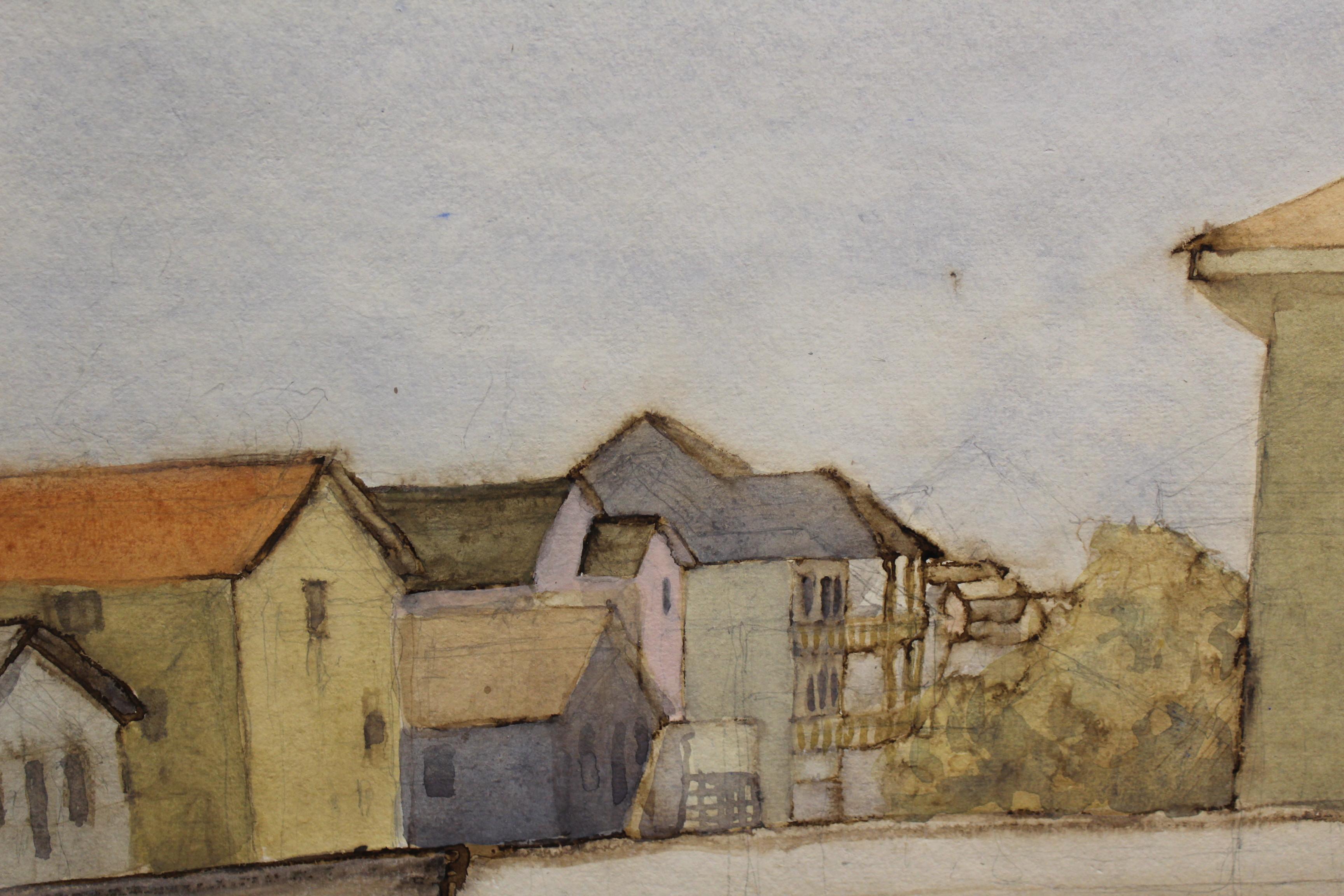 A nondescript seaside town in watercolor.