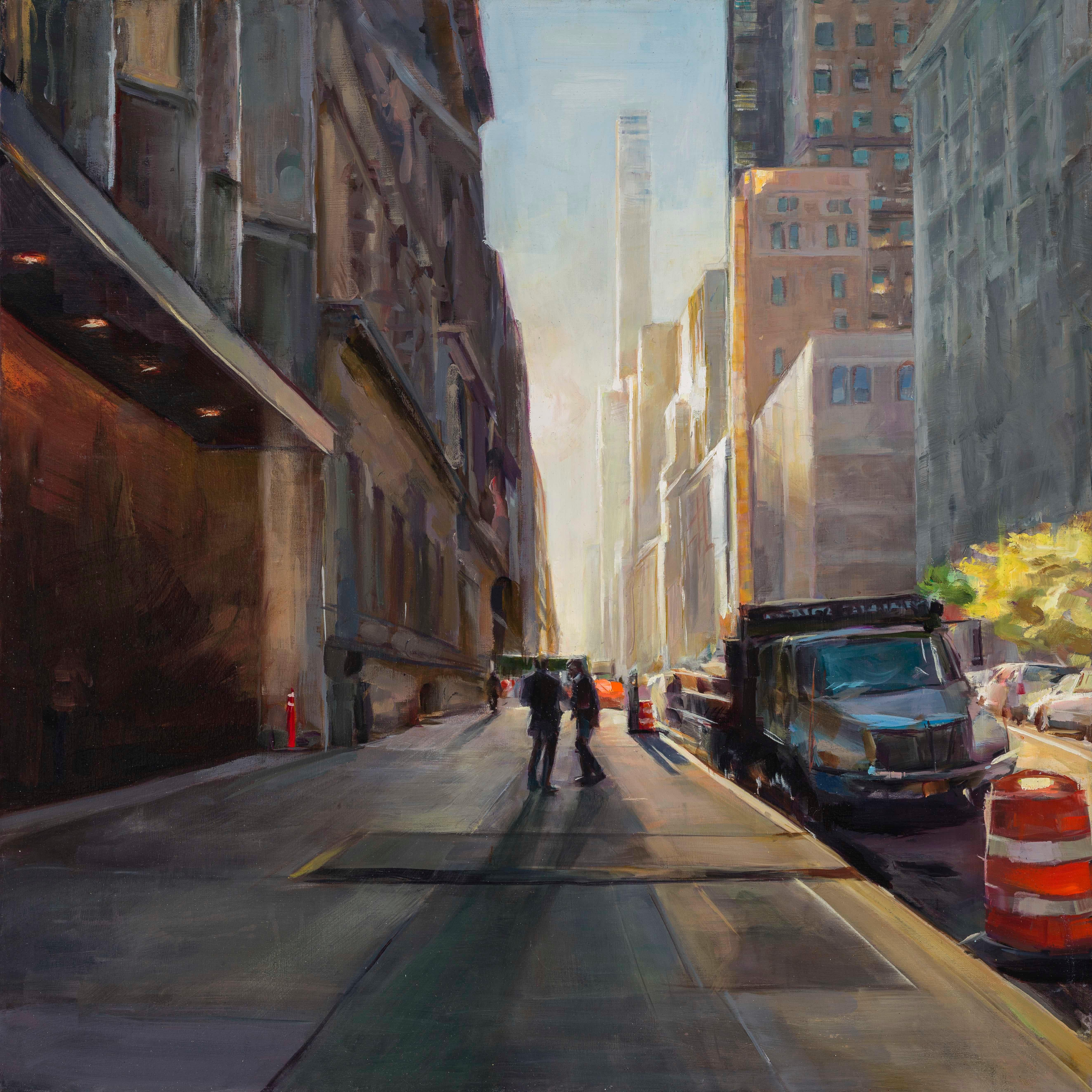 Figures on Sidewalk in Morning - Painting by Kathryn Maher