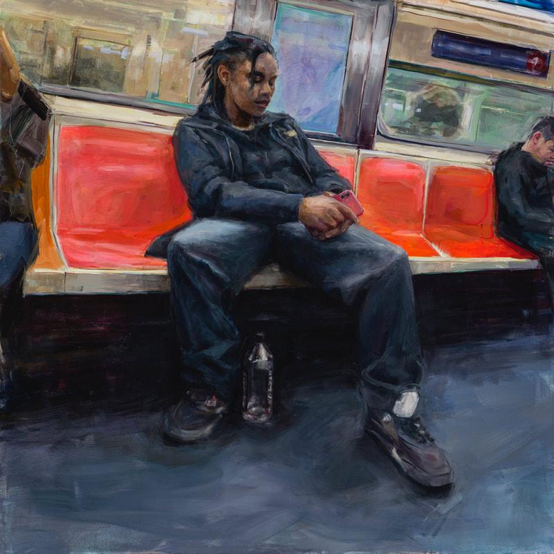 Man on Subway - Painting by Kathryn Maher