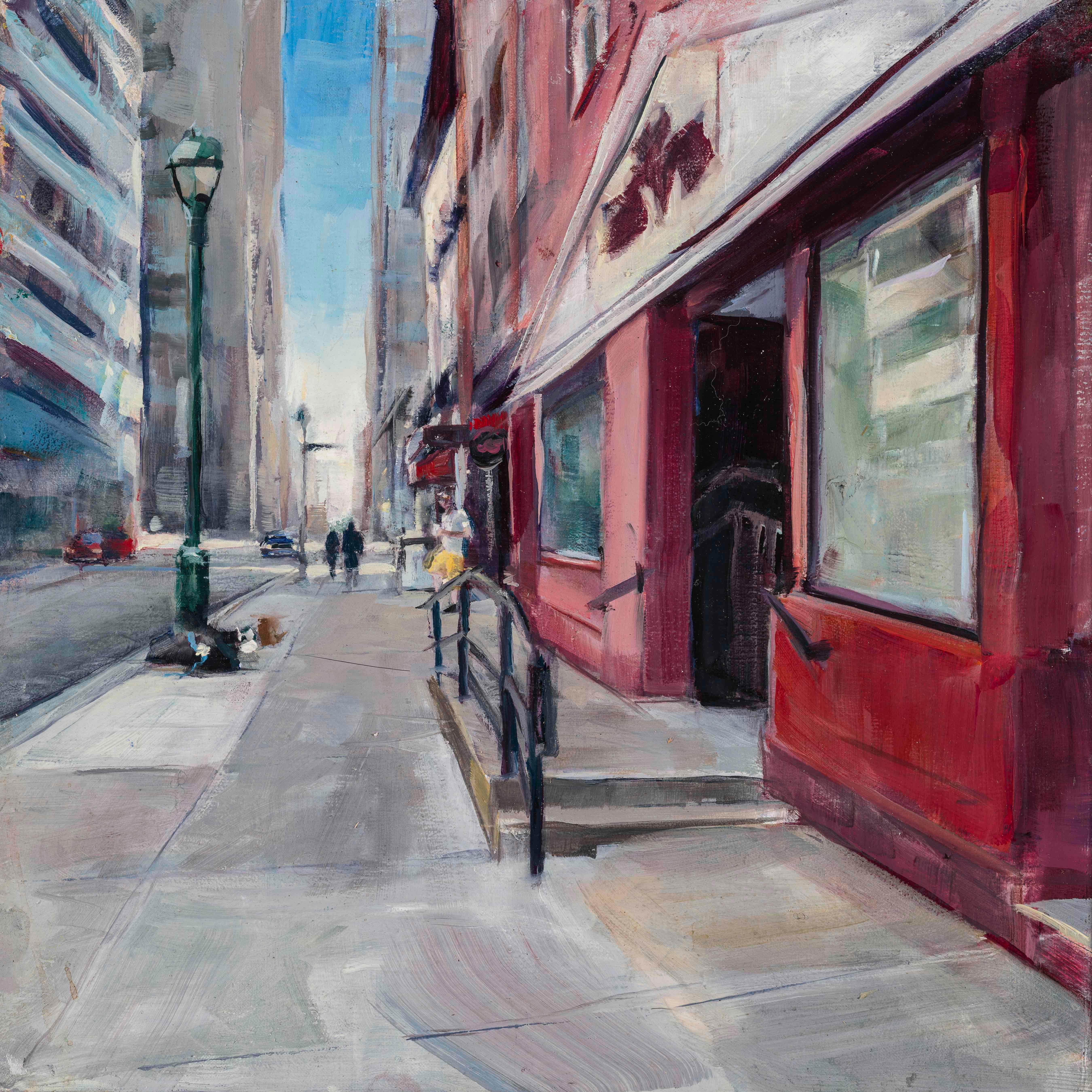 Kathryn Maher Landscape Painting - Morning Sidewalk with Coffee