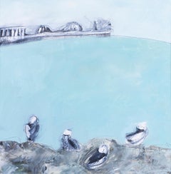 Peinture à l'huile de l'école britannique du 20e siècle représentant des mouettes près du percée de Brighton