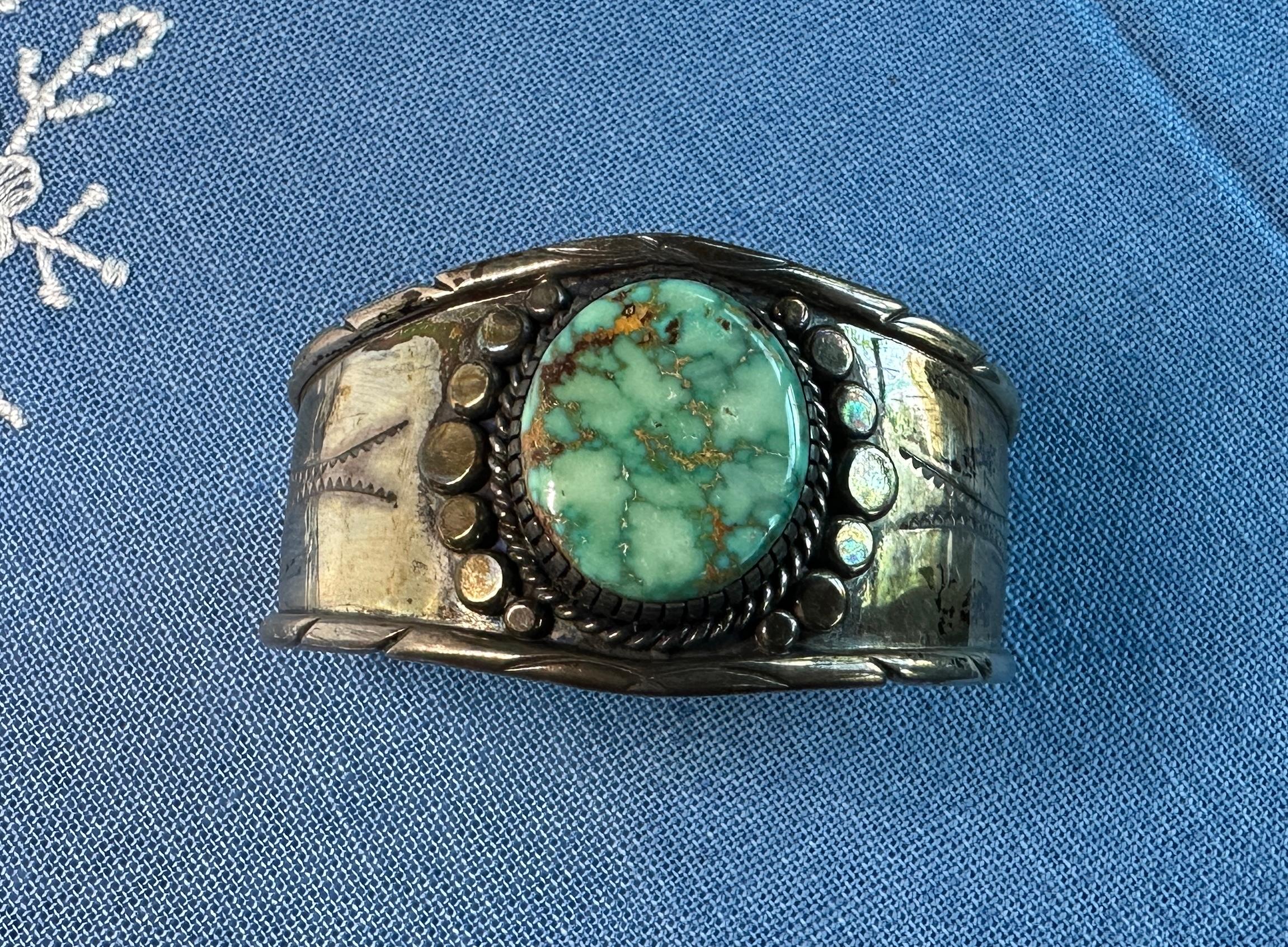 Kathy Abeita Isleta PULSERA DE TURQUESA PLATA DE LEY Nativo Americano Cabujón