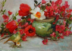 "Frühling mit Quitte und Tulpen", Original Ölgemälde, Stillleben mit Rot