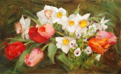 "Violas with Tulips and Daffodils, " Oil Painting