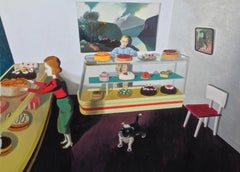 Cakes. acrylic on paper on board, bakery scene with figures