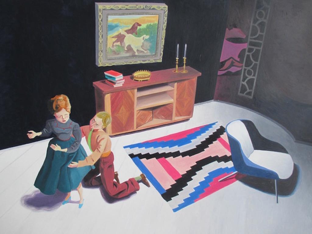 Clutching her Skirt, figurative painting of two people, 1950s living room
