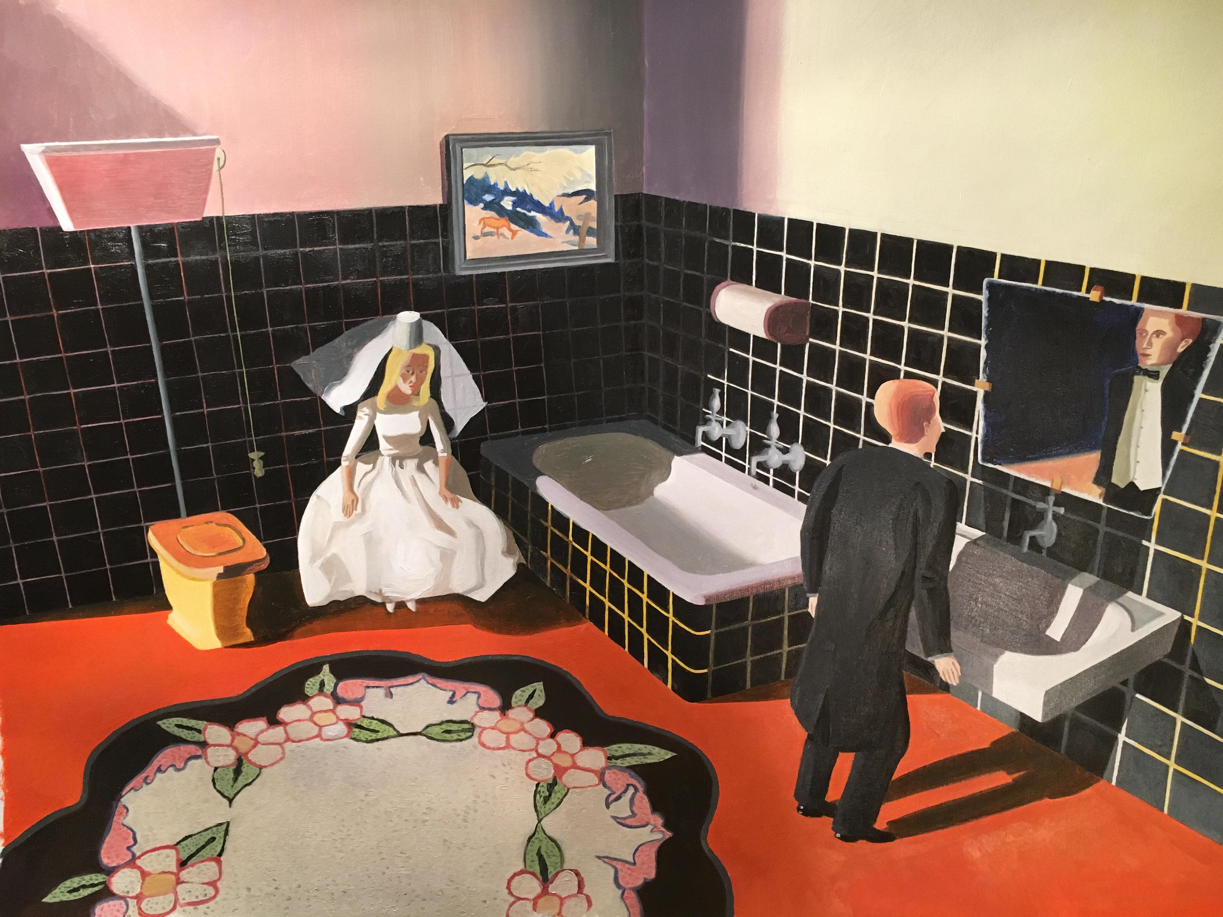 Kathy Osborn Interior Painting - I am Handsome, figurative oil painting of bride and groom in bathroom