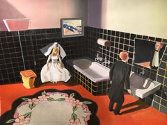 I am Handsome, figurative oil painting of bride and groom in bathroom