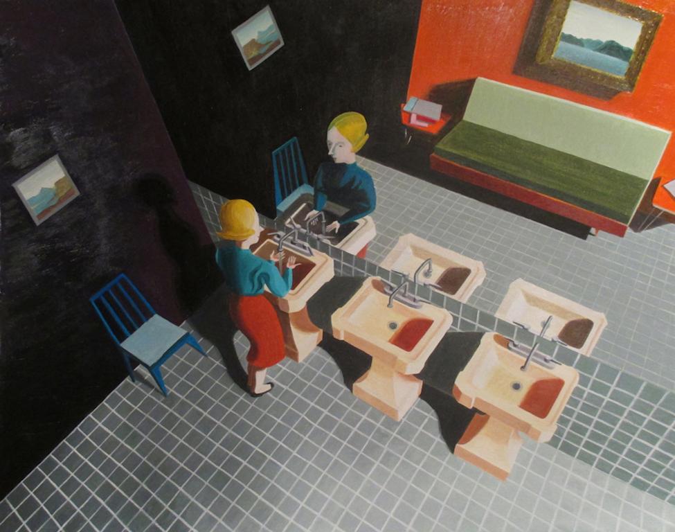 Kathy Osborn Interior Painting - Ladies Room, acrylic on paper on board, interior bathroom scene, figurative
