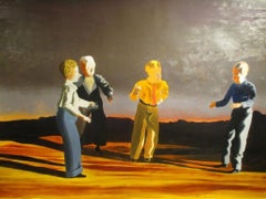 Lost, figurative oil painting on paper, surreal dream, people in landscape