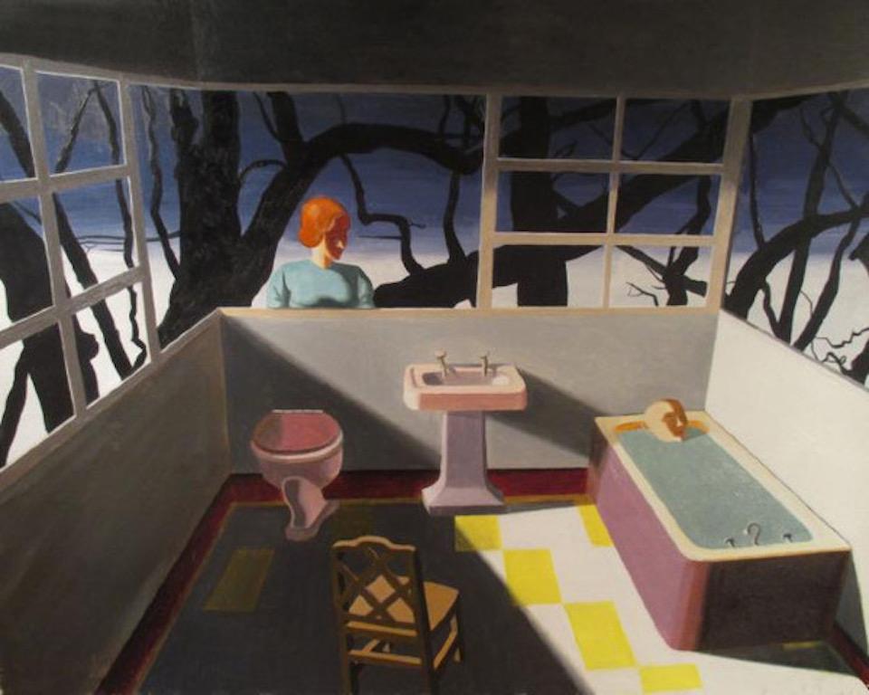 Kathy Osborn Interior Painting - Peering In, surreal oil painting, figures in bathroom, dark