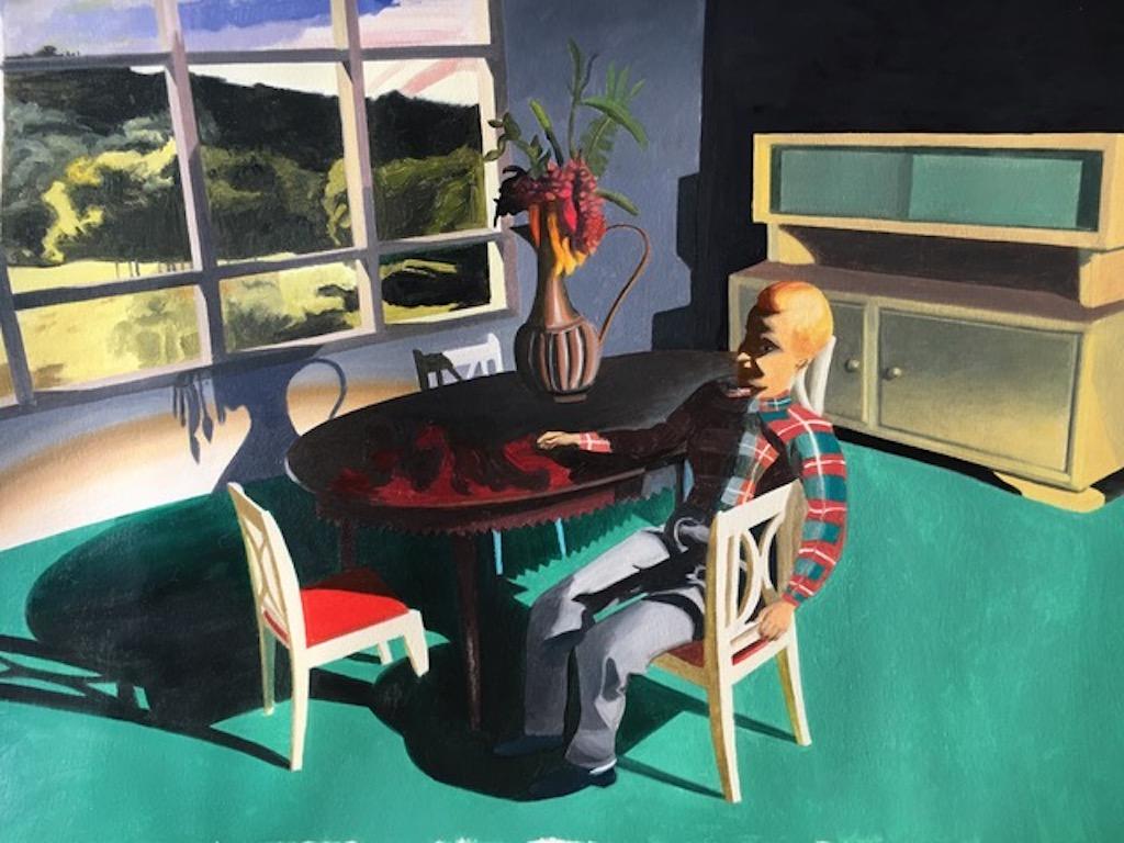 Kathy Osborn Interior Painting - Man Sitting Sideways, small figurative oil painting, green 1950s dining room