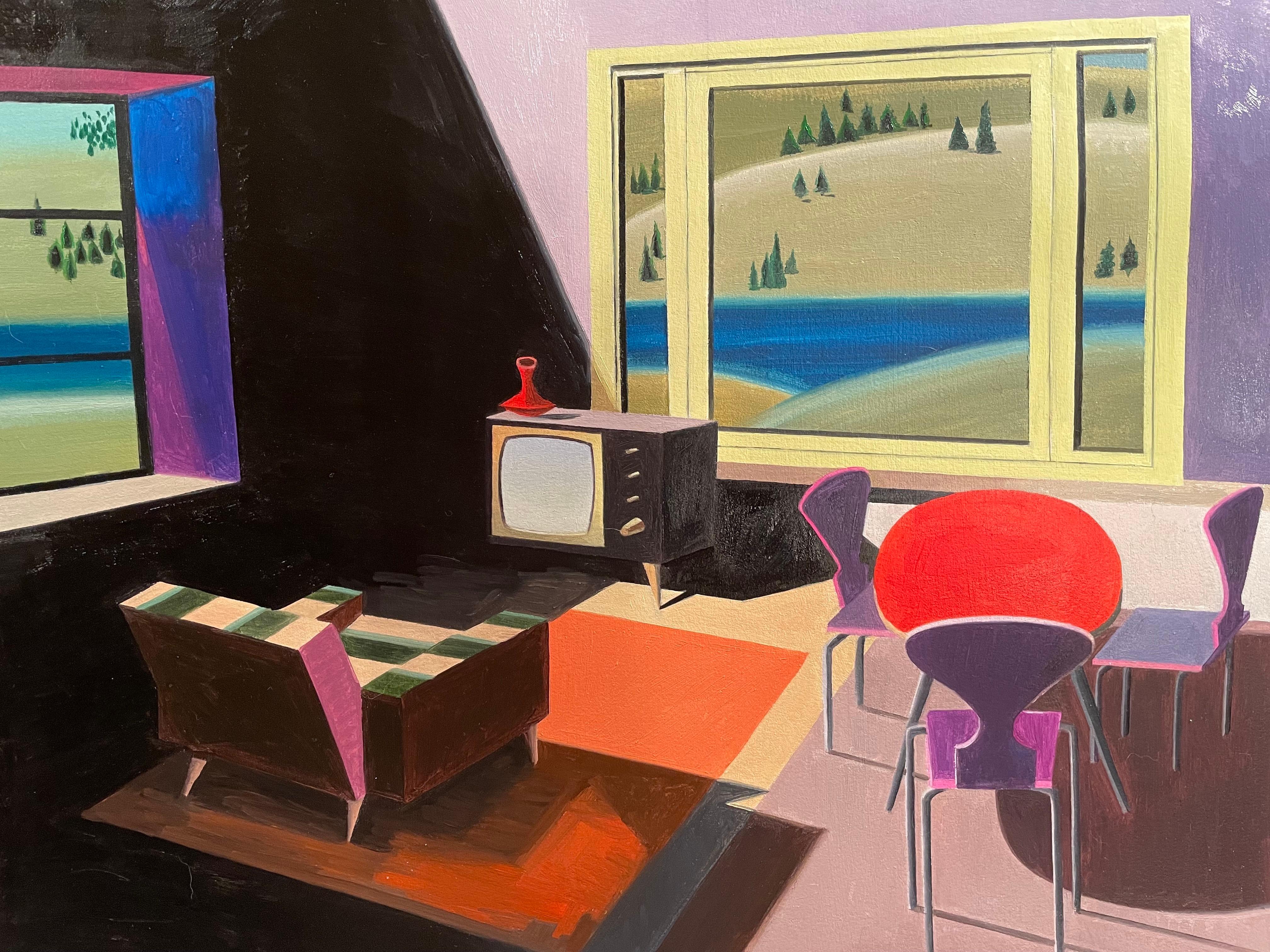 Kathy Osborn Figurative Painting - Nothing's On, figurative oil painting of 1950s interior, purple and red