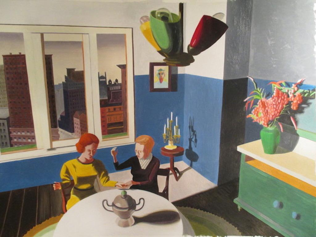 Kathy Osborn Figurative Painting - Palm Reader, figurative painting of two women in 1950s apartment