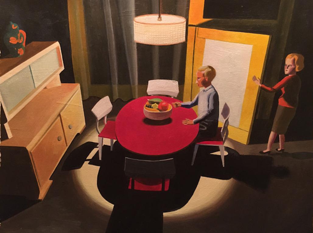Red Table, figurative painting of couple in 1950s interior