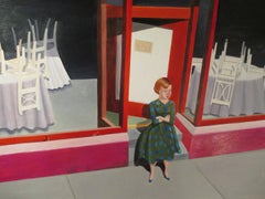 Restaurant, acrylic paint on paper on board, pink interior scene with figure