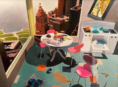 Slobbo, oil painting of messy 1950s apartment, green and pink