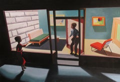 Standing Outside, acrylic on paper on board, office scene at night