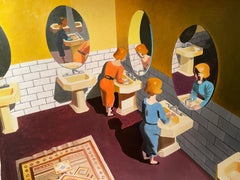 Twins in the Ladies, figurative oil painting of women in the bathroom