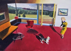 Woman and her Dog. Acrylic paint on paper on board, red interior scene