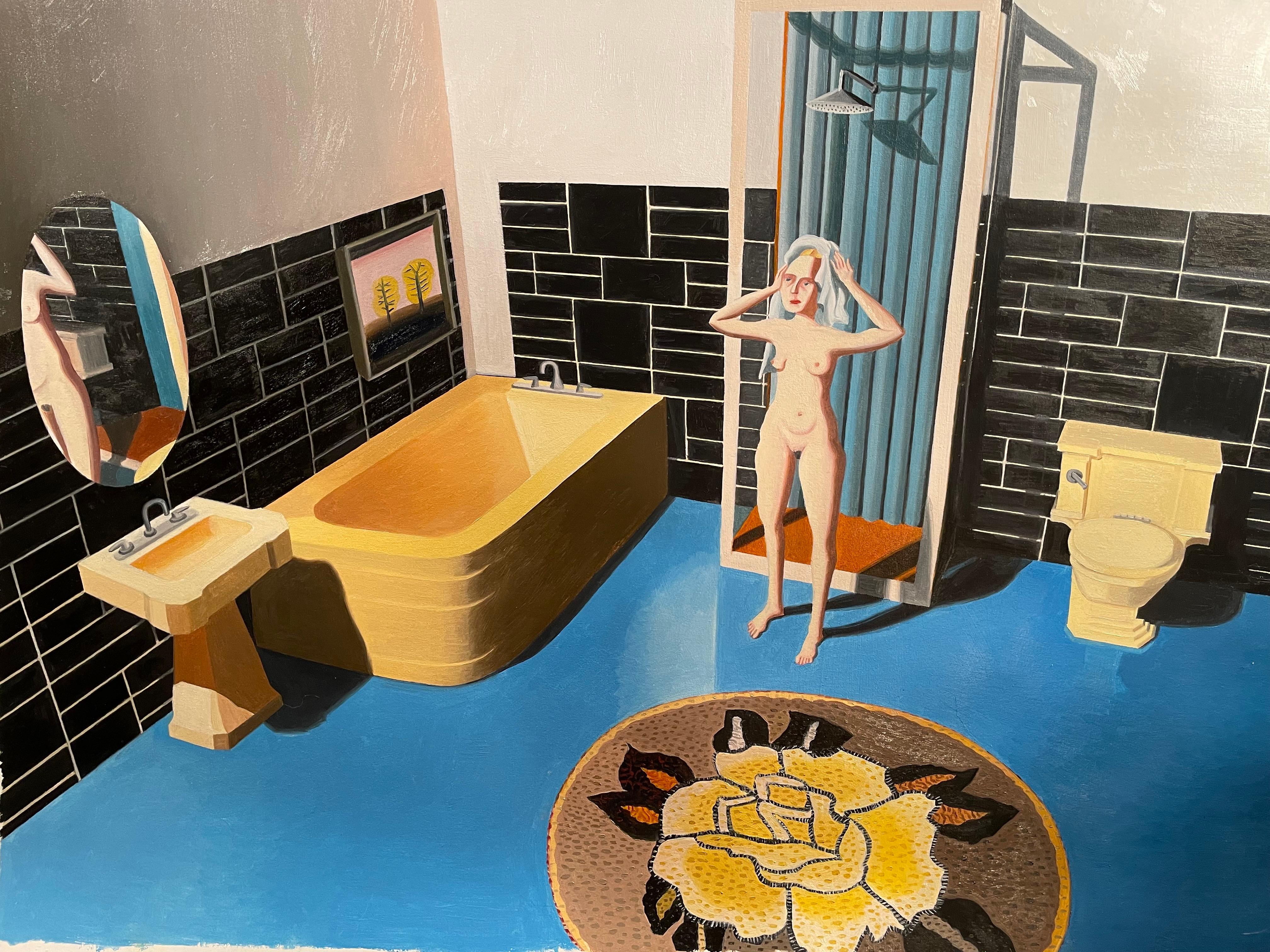 Kathy Osborn Interior Painting - Woman Out of the Shower, figurative oil painting of nude, blue bathroom