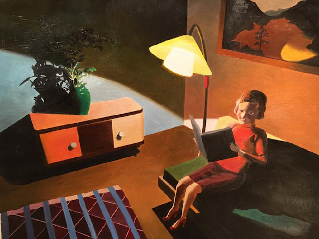 Woman Reading, small figurative oil painting, 1950s living room, evening