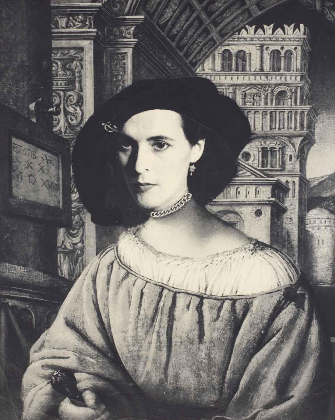 Kati Horna
Collage portrait of Leonora Carrington, 1957
Signed and stamped with artist's copyright ink stamp on reverse
Silver gelatin print, printed later
8 x 10 inches

Kati Horna (1912-2000) was born Katalin Deutsch, and lived in Budapest, Berlin