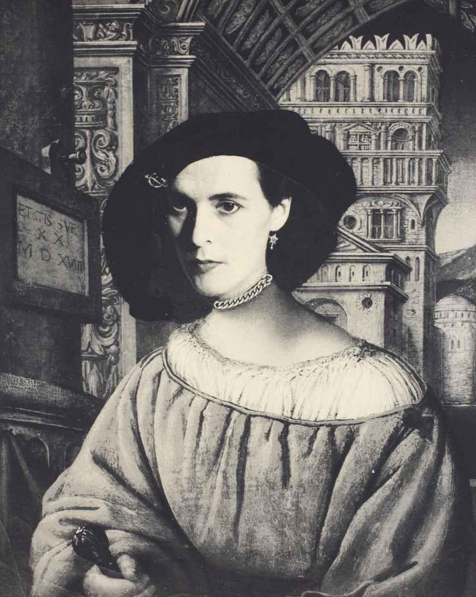 Collage portrait of Leonora Carrington, 1957 - Kati Horna (B&W Photography)