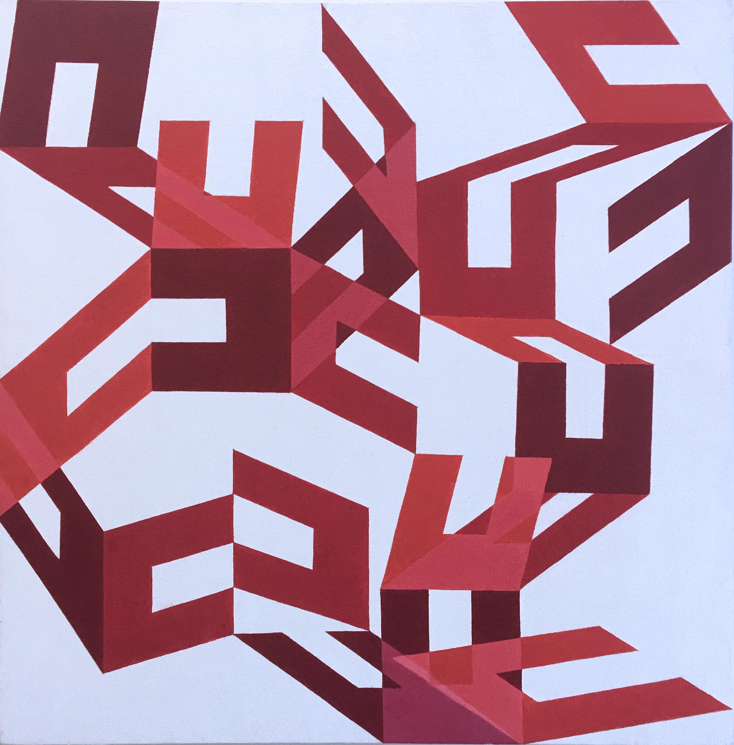 Rosebud, 2013, quadro astratto geometrico, tela di grandi dimensioni, olio, rosso, bianco