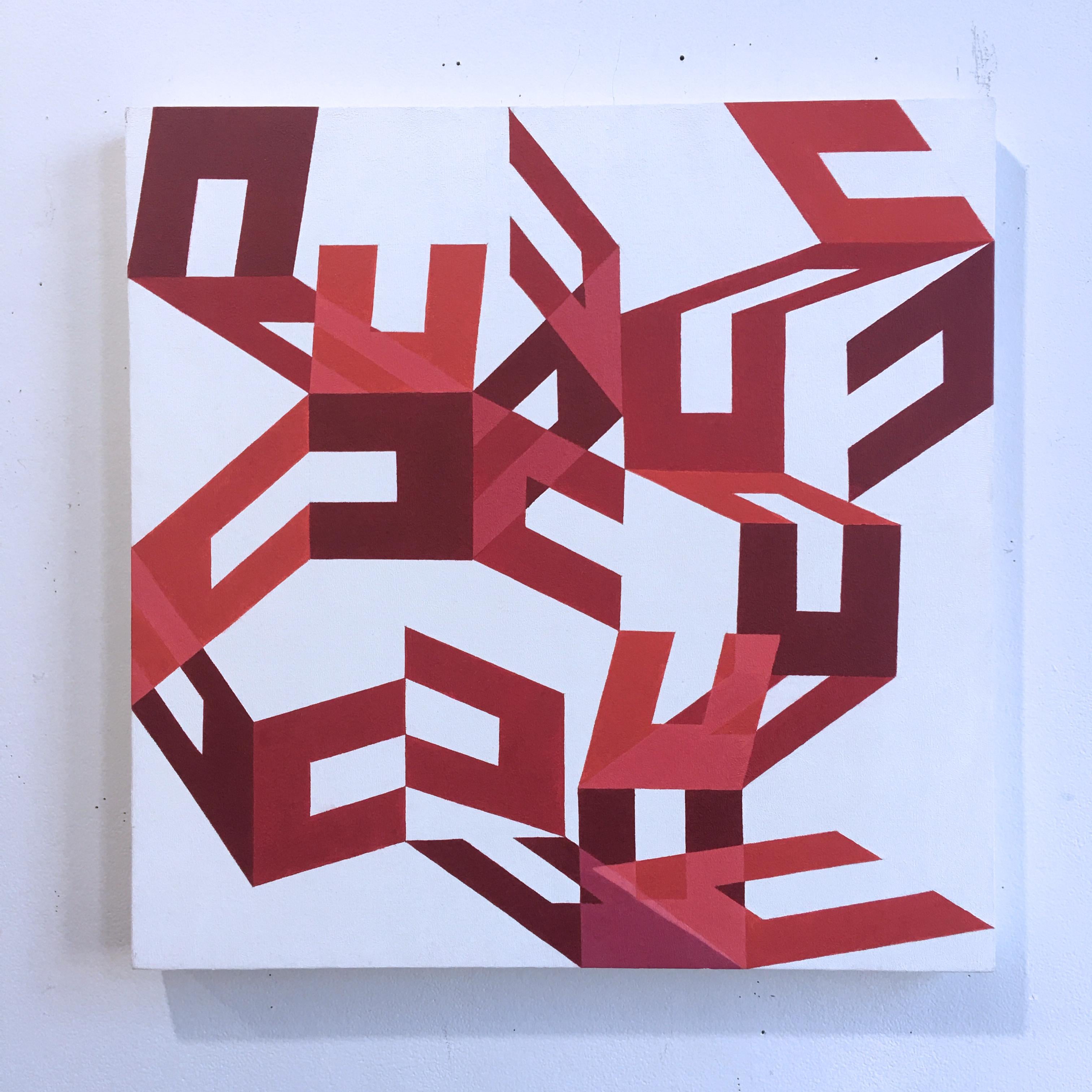 Rosebud, abstraktes geometrisches, großformatiges Leinwandgemälde, Öl, Rot, Weiß, 2013 – Painting von Kati Vilim