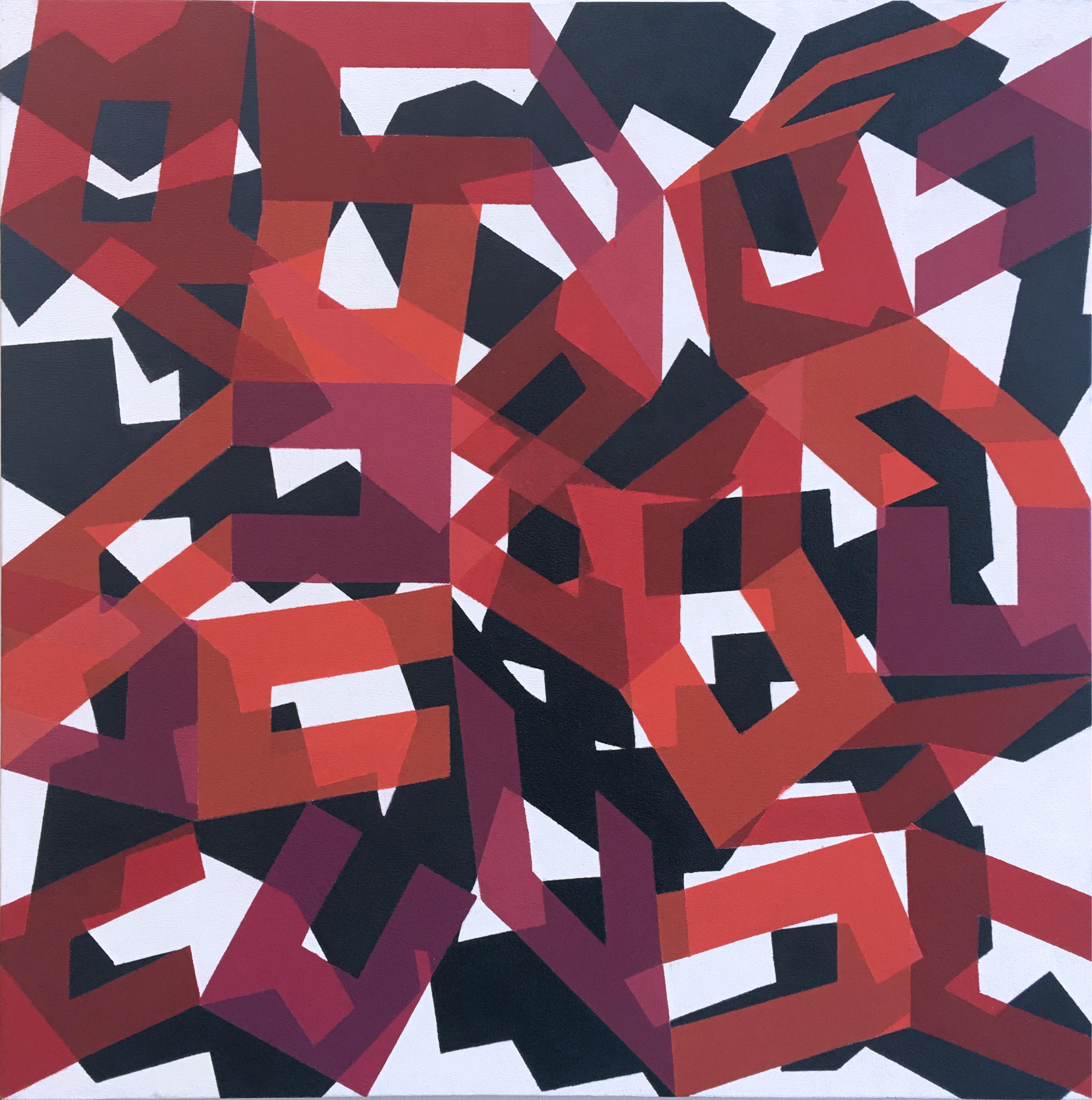 So Real, quadro geometrico astratto in bianco e rosso su larga scala, olio su tela 2013