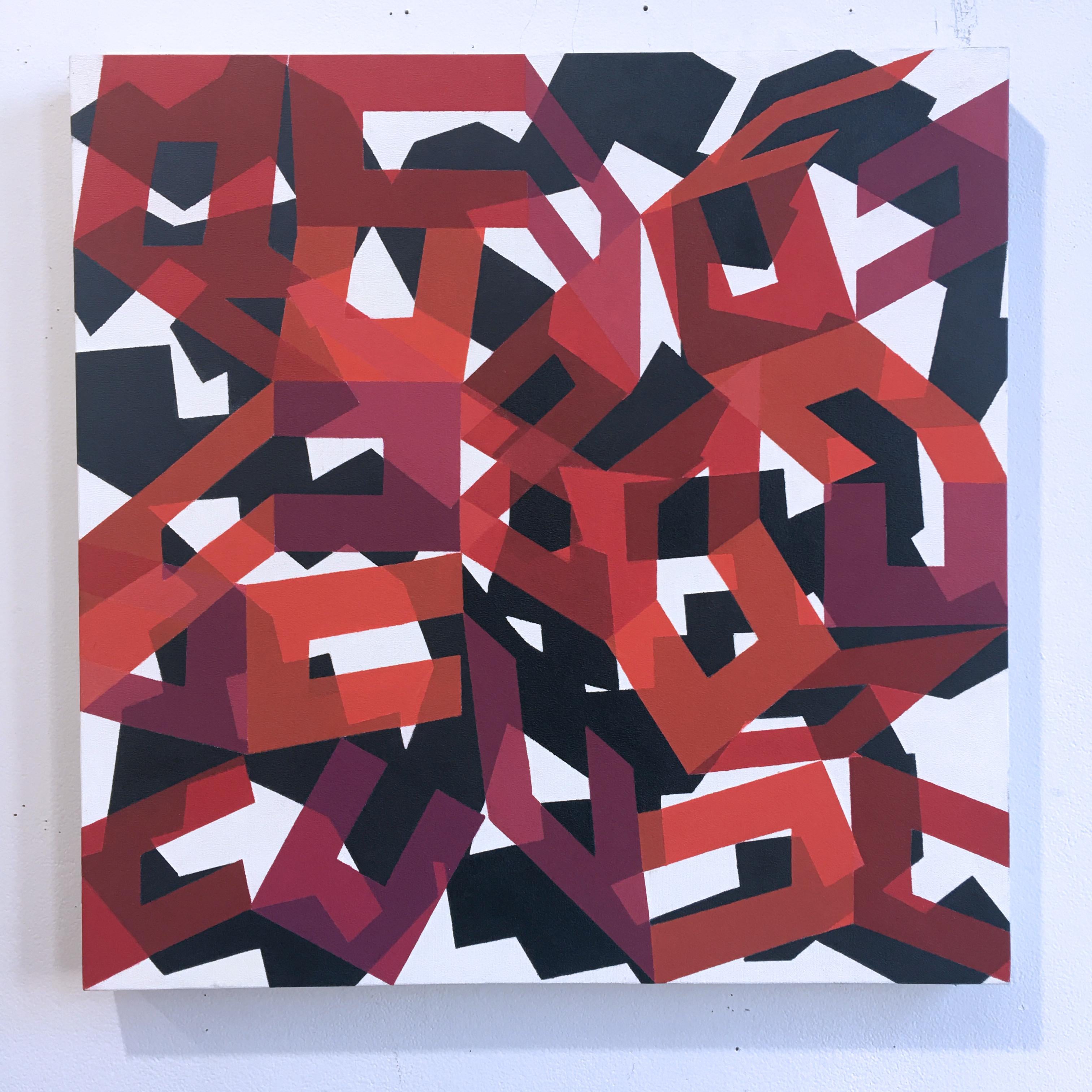 Abstraktes geometrisches rot-weißes großformatiges Gemälde in Öl auf Leinwand von Real Real, 2013 – Painting von Kati Vilim