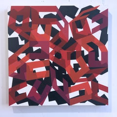 So Real, quadro geometrico astratto in bianco e rosso su larga scala, olio su tela 2013