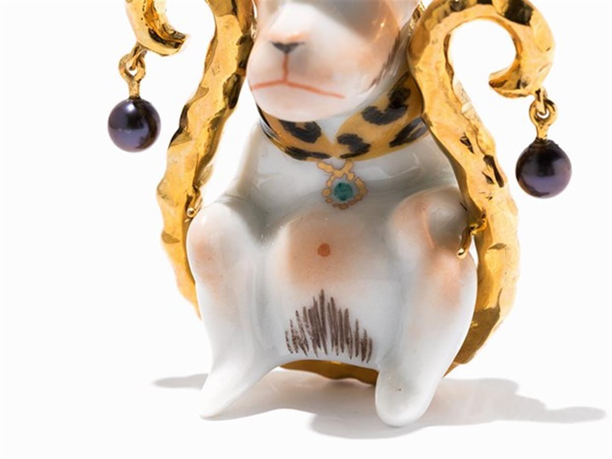 Uncut Kati Zorn, Porcelain Pendant with Pearls, 18 Karat Yellow Gold
