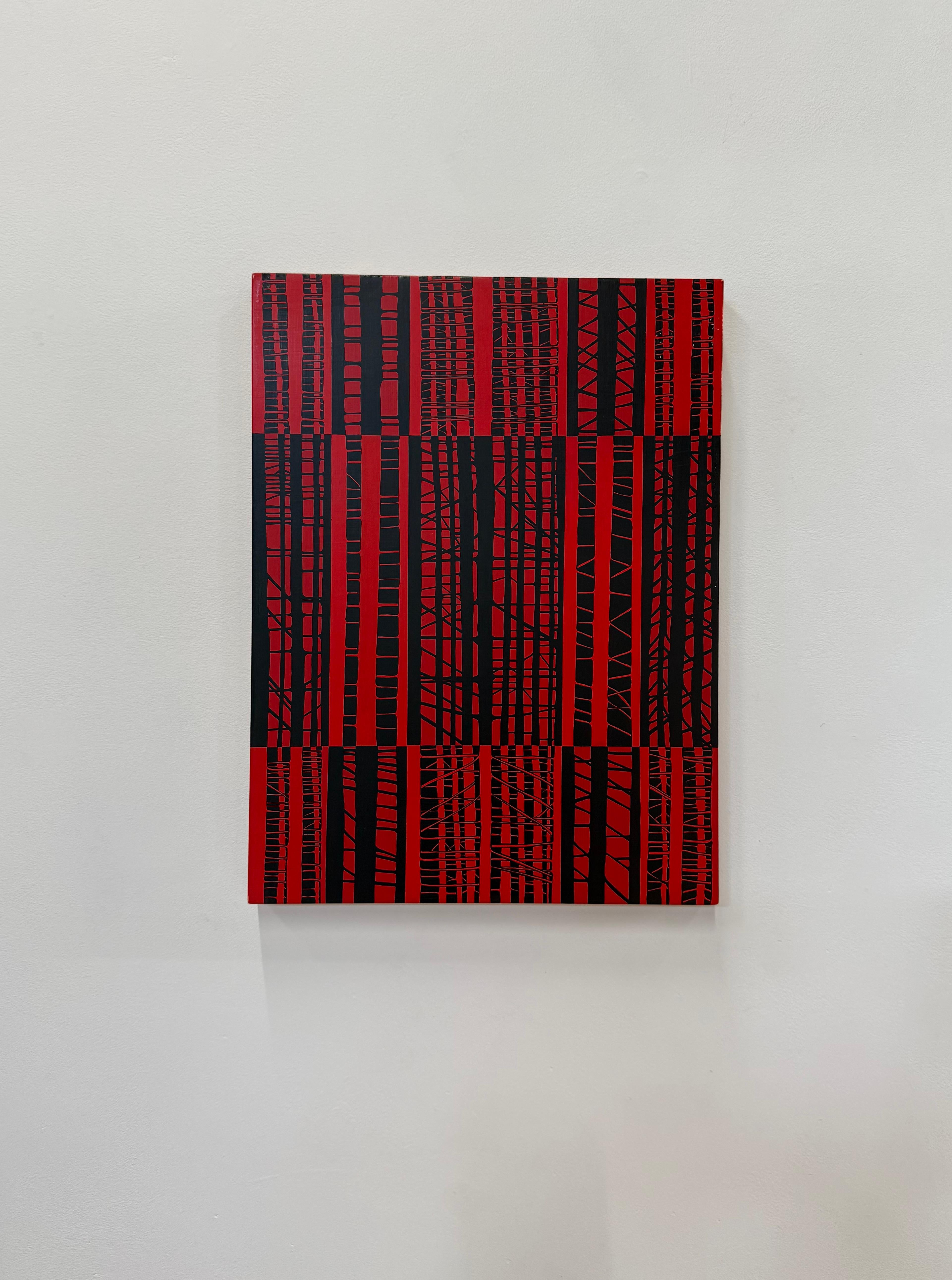 Contemporary abstract painting: bright crimson red and black stripes and bars intersected with varied lines in the geometry of this bold small painting. Signed, dated and titled on verso.

Katia Santibañez’s work utilizes grid structures to examine