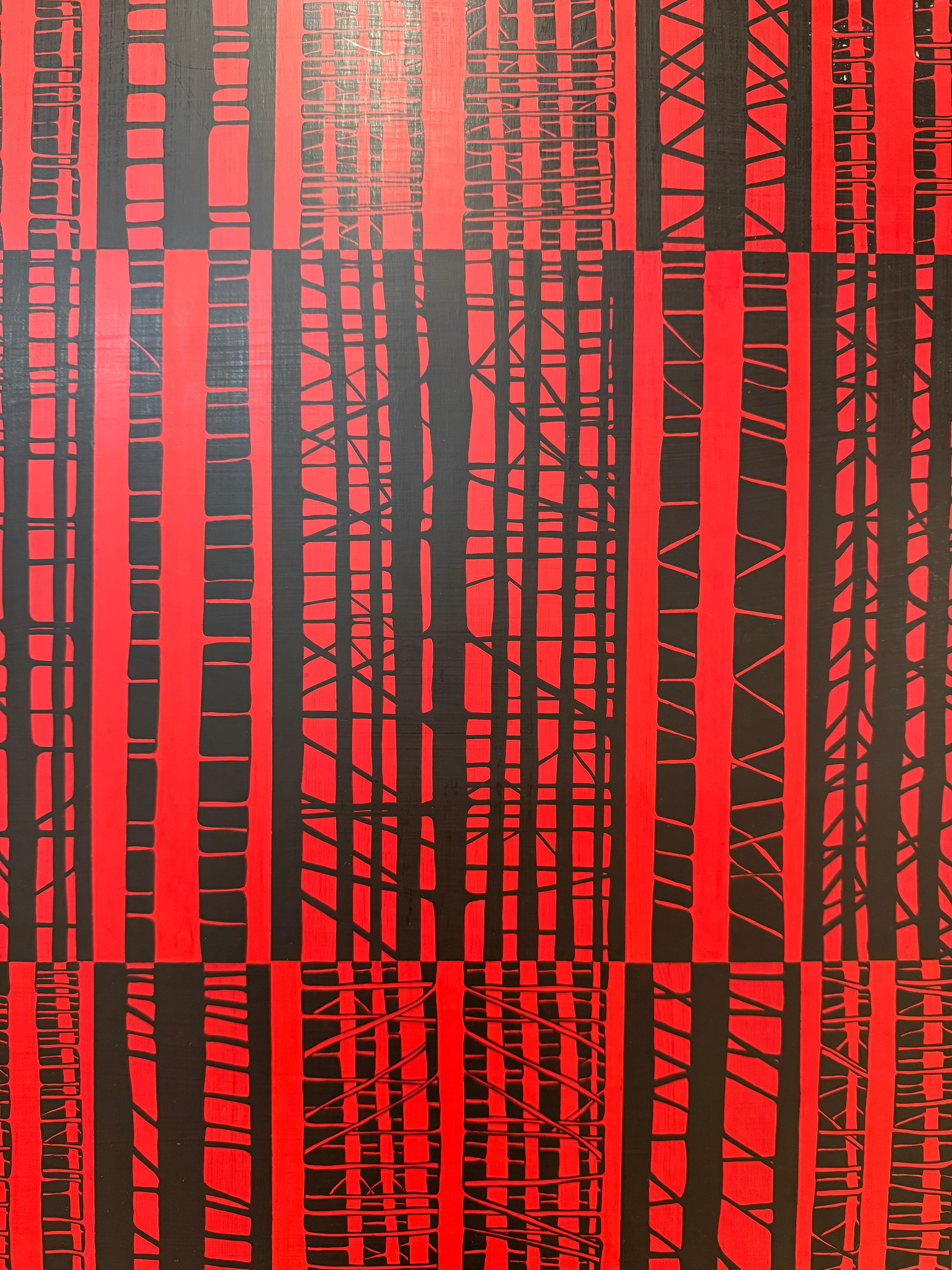 Meeting Yaddo - Contemporary Black and Red Abstract Stripe Grid Painting, 2007 For Sale 2