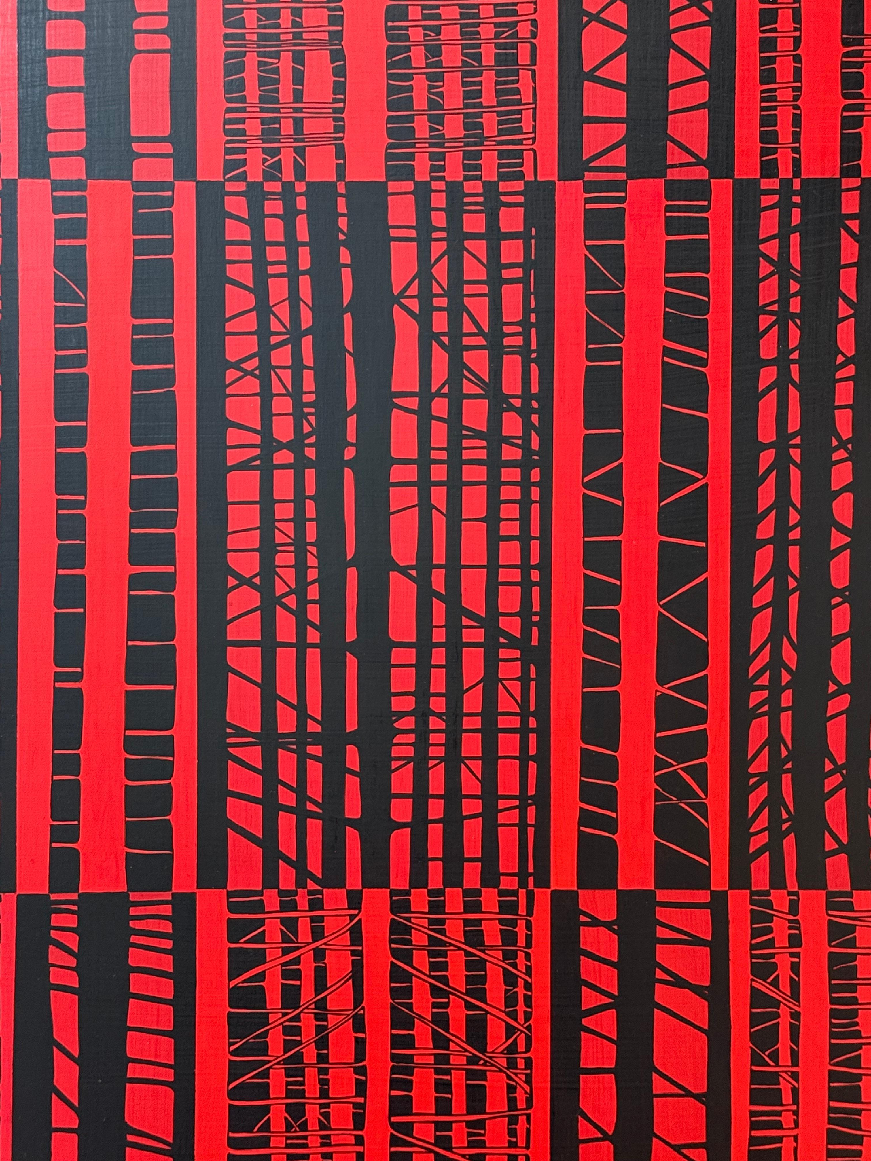 Meeting Yaddo - Contemporary Black and Red Abstract Stripe Grid Painting, 2007 For Sale 3