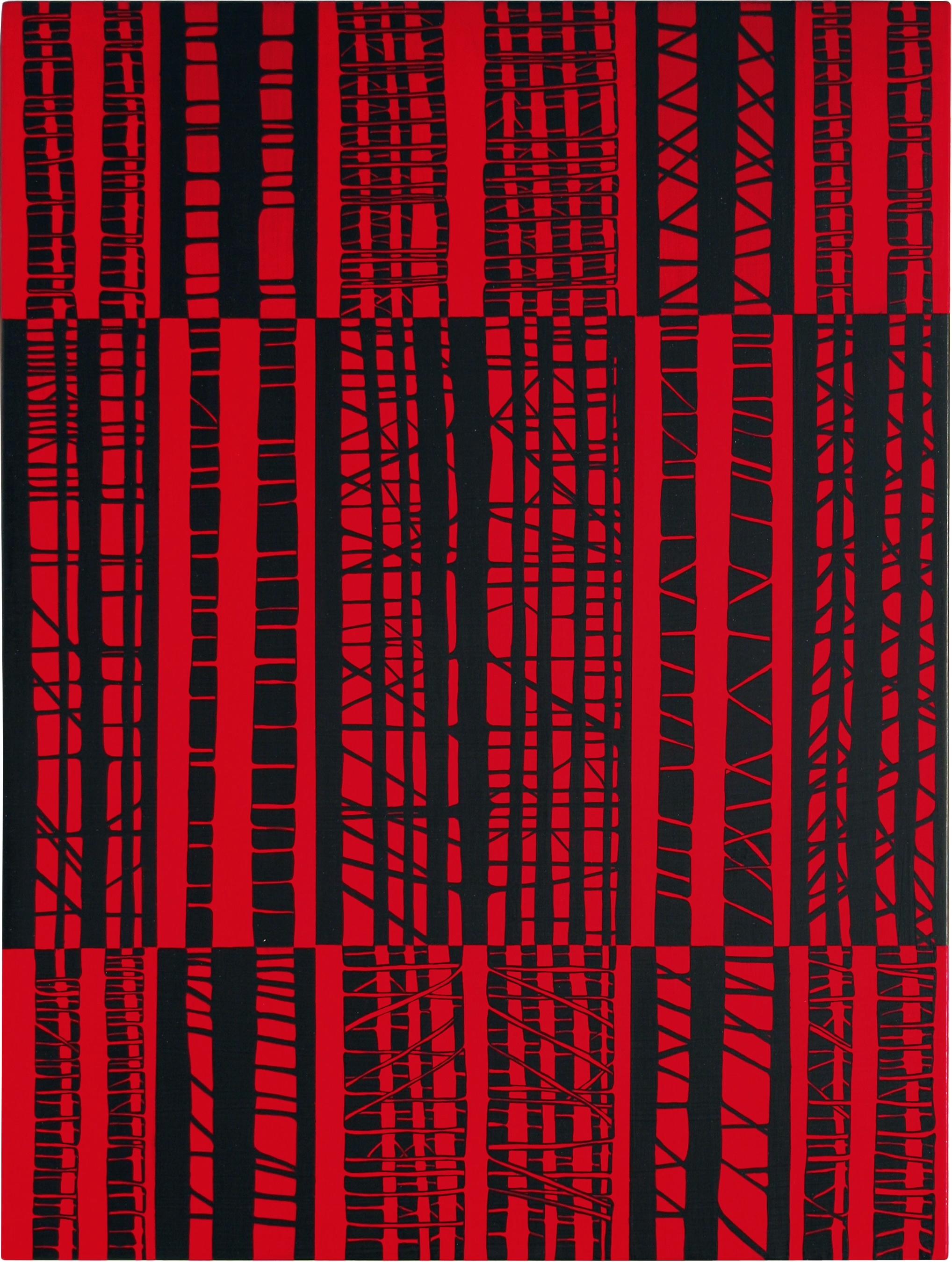 Katia Santibañez Abstract Painting - Meeting Yaddo - Contemporary Black and Red Abstract Stripe Grid Painting, 2007