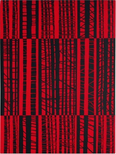 Meeting Yaddo - Peinture grillagée abstraite contemporaine à rayures noires et rouges, 2007