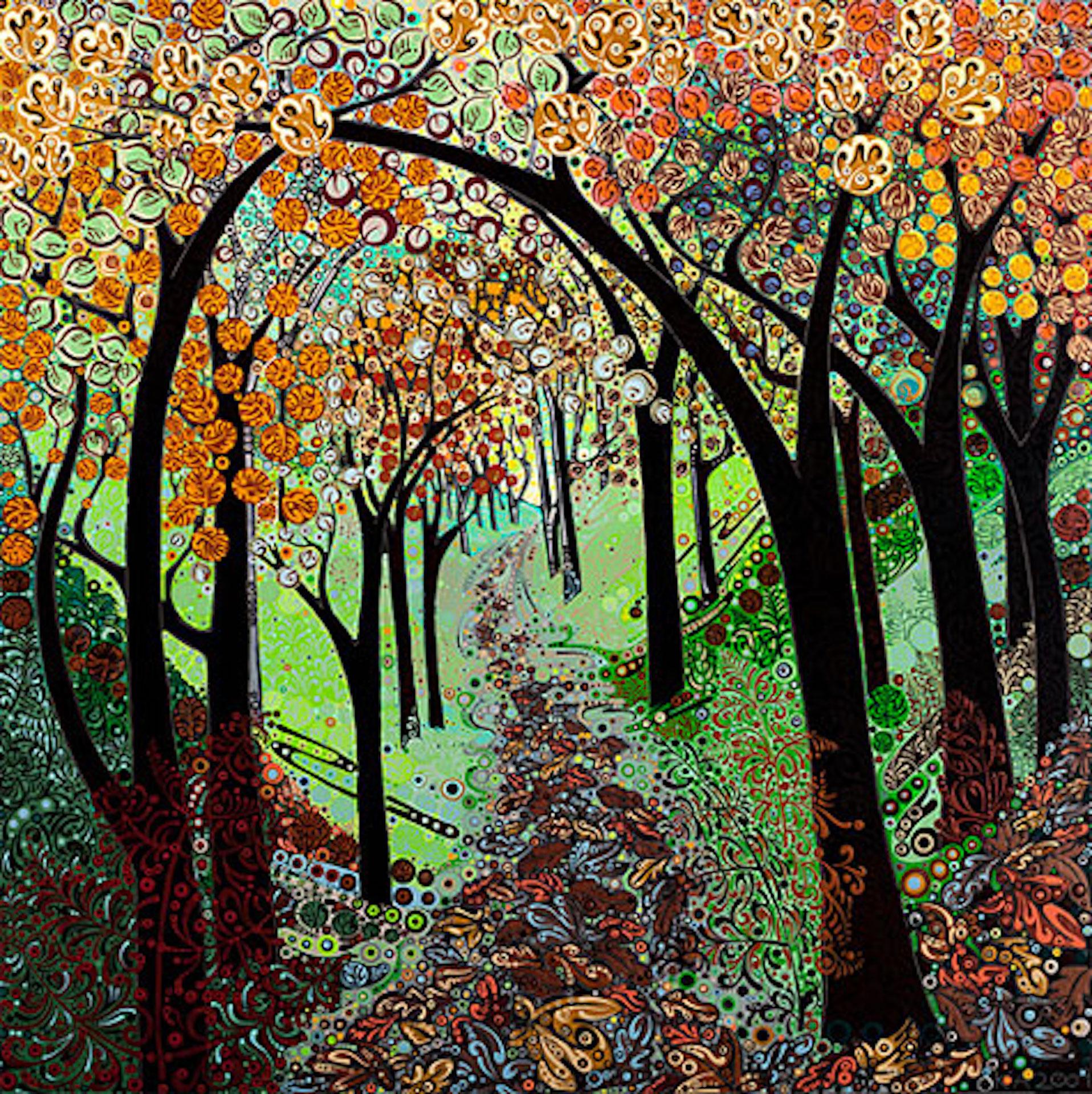 Katie Allen Still-Life Print - Autumn Tree Tunnel BY KATIE ALLEN, Semi-Abstract Landscape, Affordable Art
