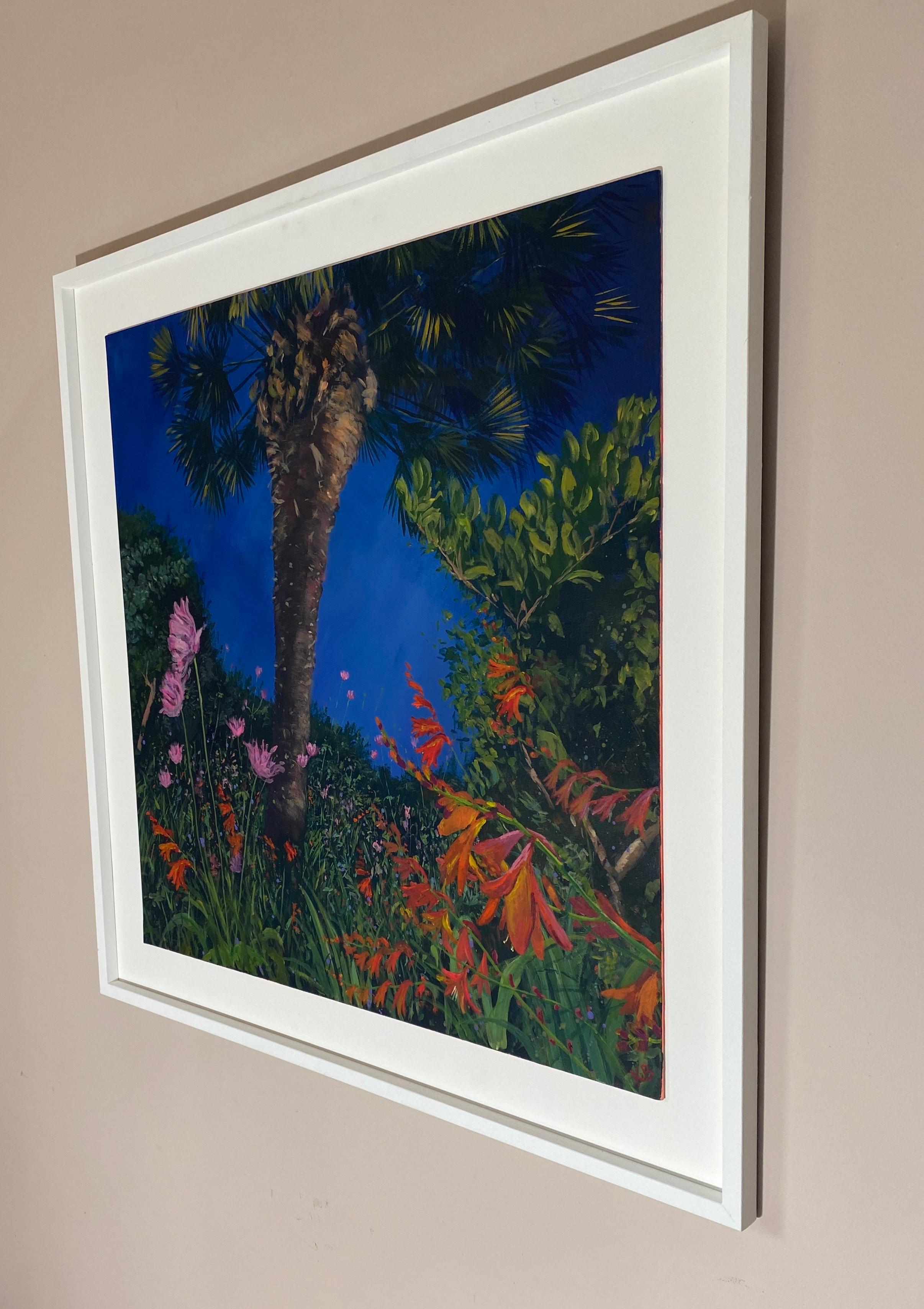 Crocosmia and Palm, Summer Night - Landscape, flowers, nature, countryside - Painting by Katie Brent