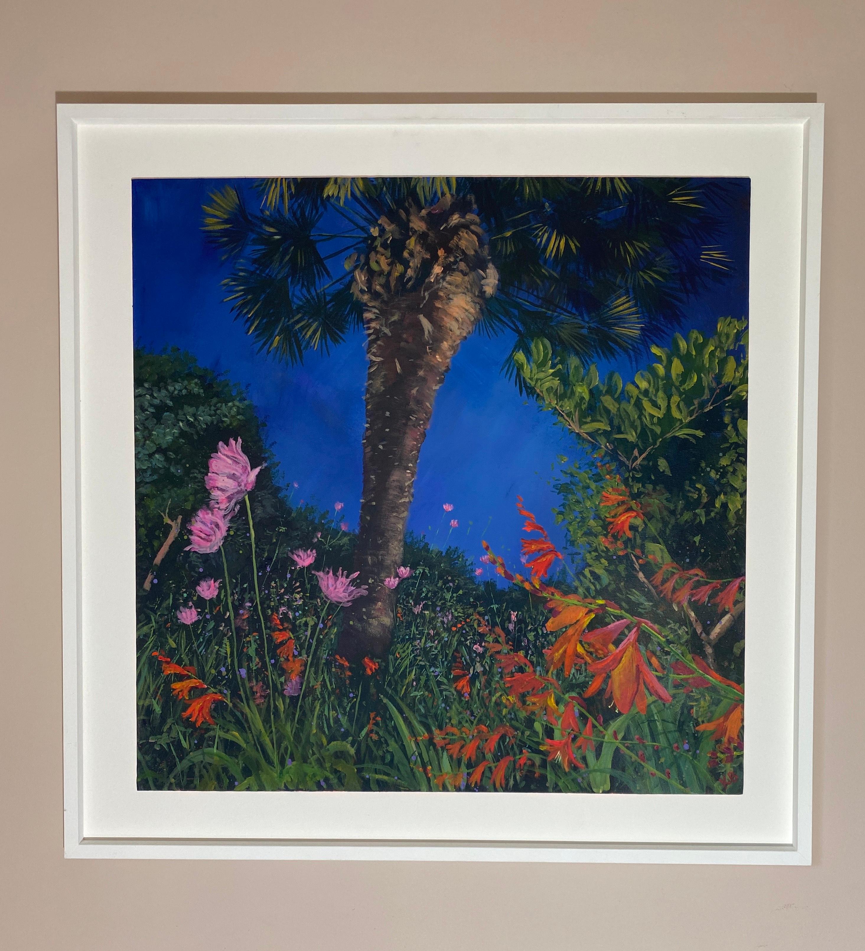 Crocosmia and Palm, Summer Night - Landscape, flowers, nature, countryside - Contemporary Painting by Katie Brent