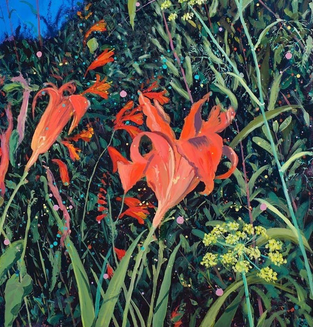 Giardino serale con giglio e finocchio - Paesaggio, campi, fiori, Nature, campagna - Painting Contemporaneo di Katie Brent