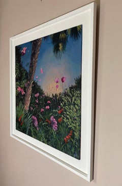 Japanese Anemone and Palm Tree at Dusk - Landscape, flowers, nature, countryside